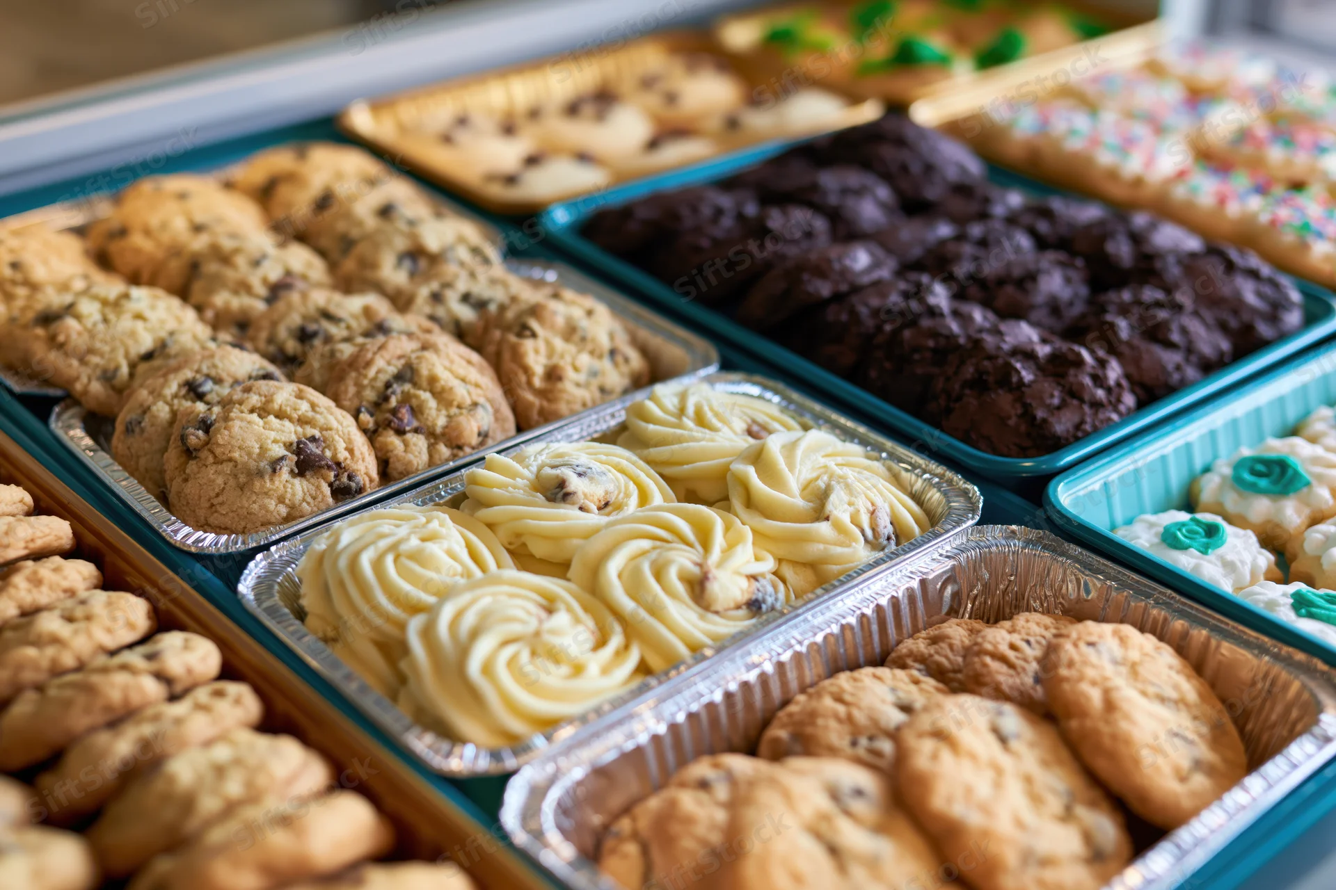 Assorted bakery cookies in aluminum trays on display counter