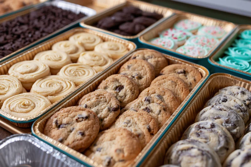 Assorted bakery cookies in aluminum trays arranged for display at a holiday event