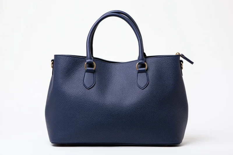 Navy blue pebbled leather tote handbag photographed straight-on against white background