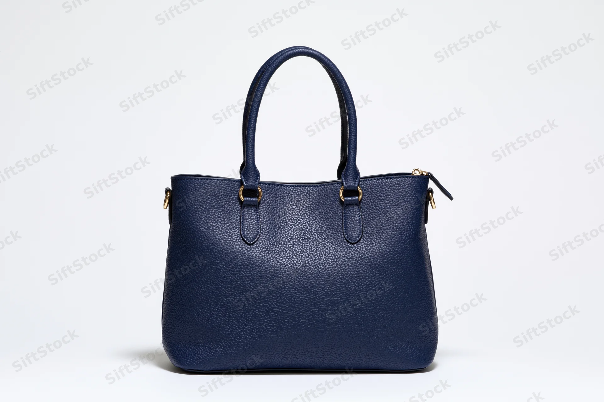Navy blue pebbled leather tote handbag photographed straight-on against white background