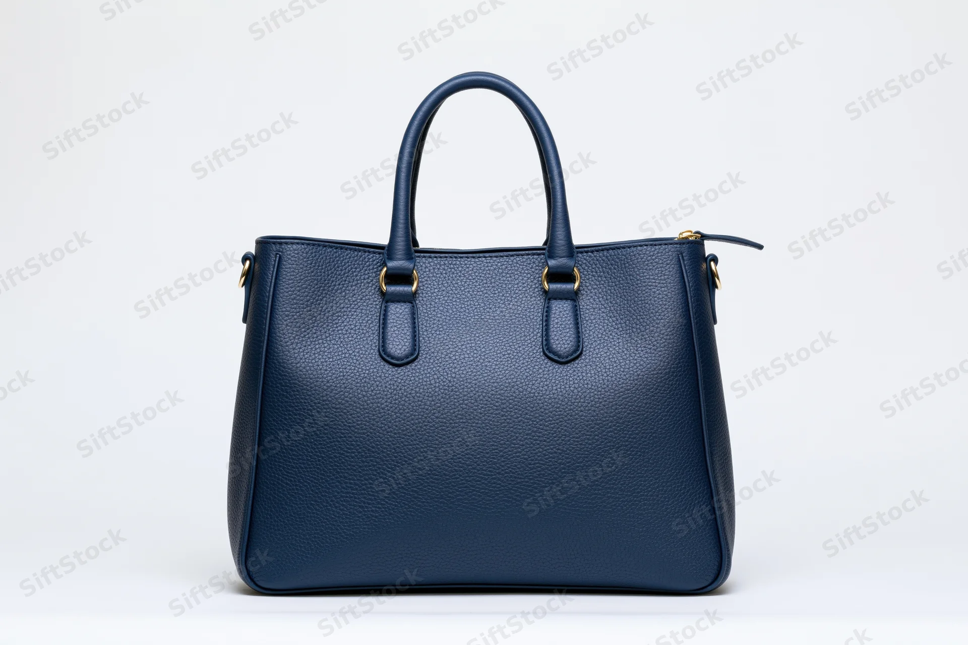 Navy blue pebbled leather tote handbag photographed straight-on against white background