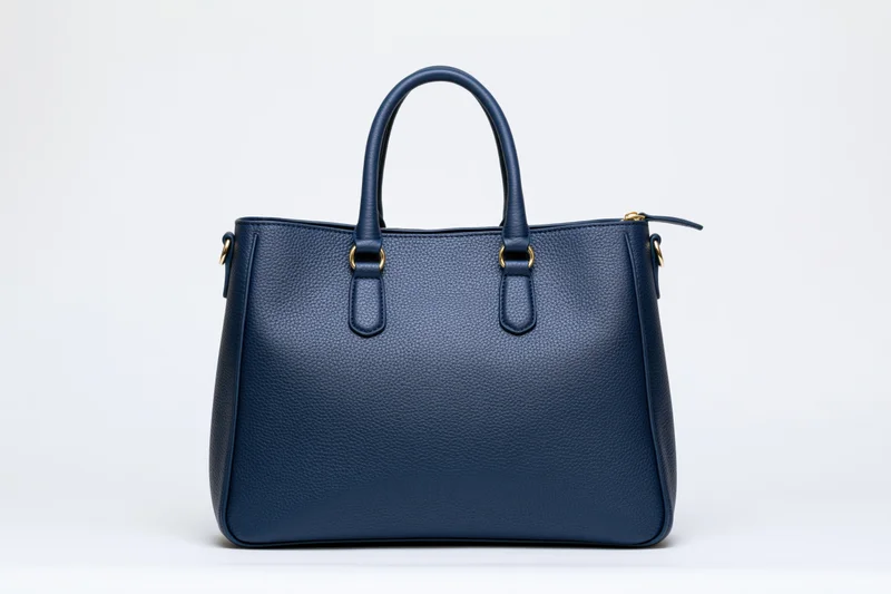 Navy blue pebbled leather tote handbag photographed straight-on against white background
