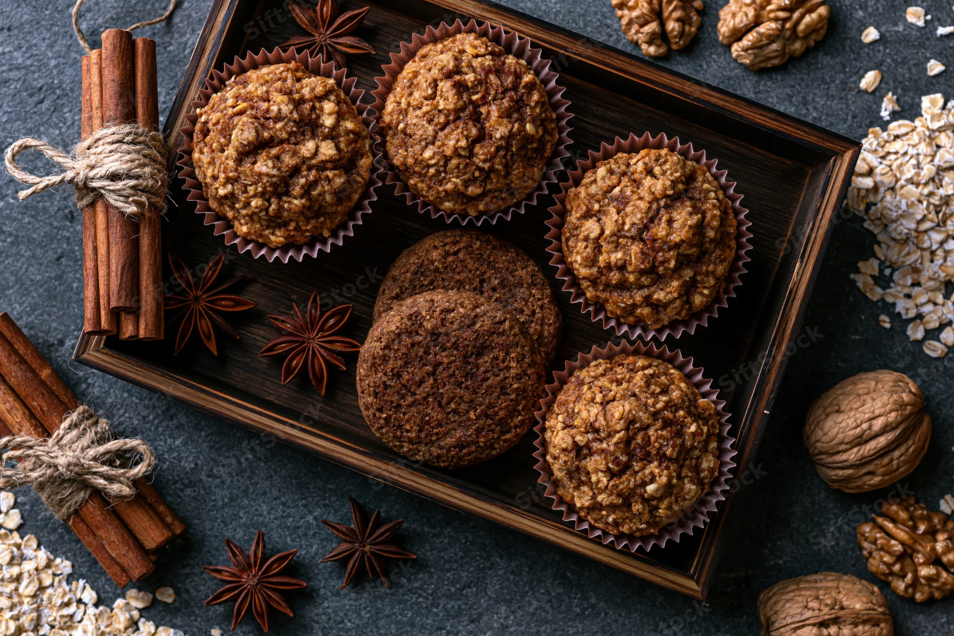 Oat muffins and cookies in paper liners on a dark wooden tray surrounded by cinnamon sticks, star anise, walnuts, and scattered oats