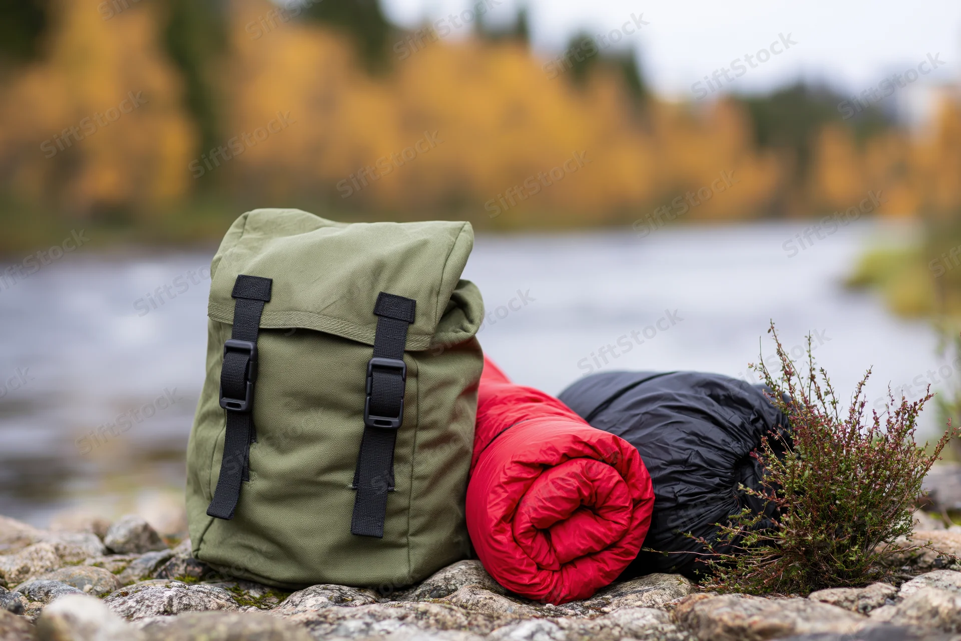 Olive green canvas backpack with black buckle straps and camping gear resting on rocks beside a river in autumn foliage