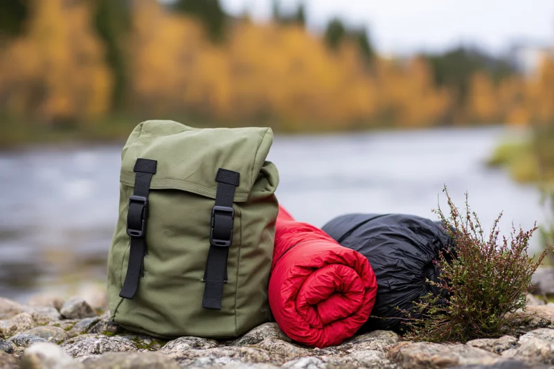 Olive green canvas backpack with black buckle straps and camping gear resting on rocks beside a river in autumn foliage