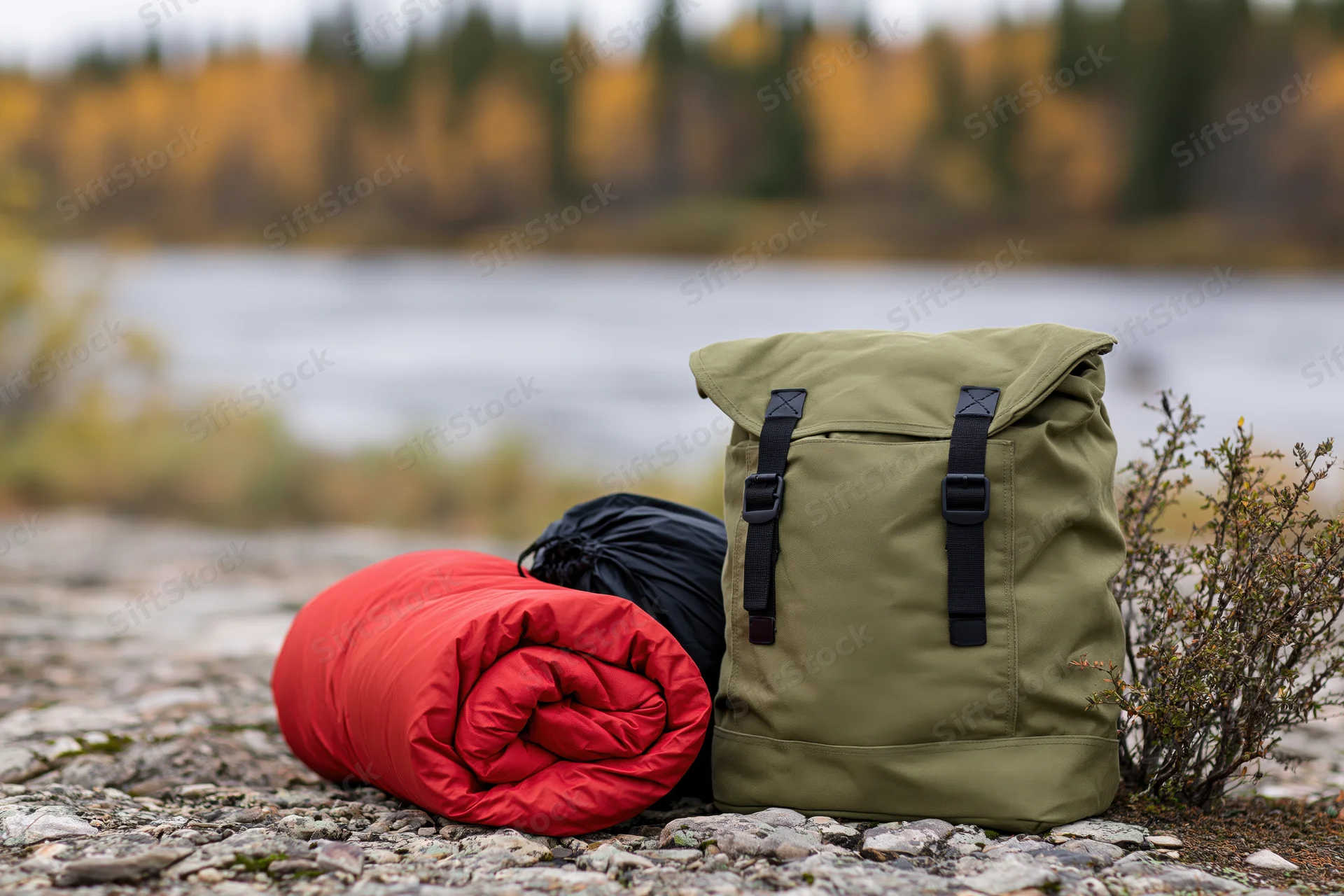 Olive green canvas backpack with black buckle straps and red sleeping bag on rocky ground near lake with autumn forest in background