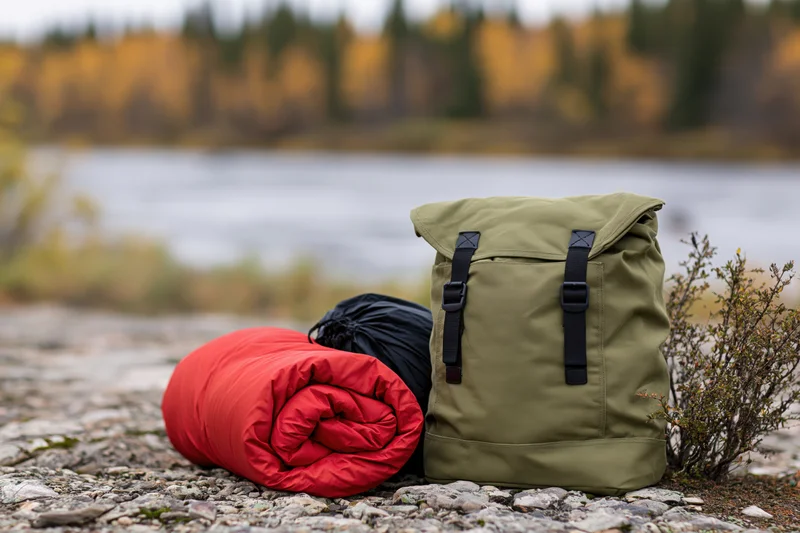 Olive green canvas backpack with black buckle straps and red sleeping bag on rocky ground near lake with autumn forest in background