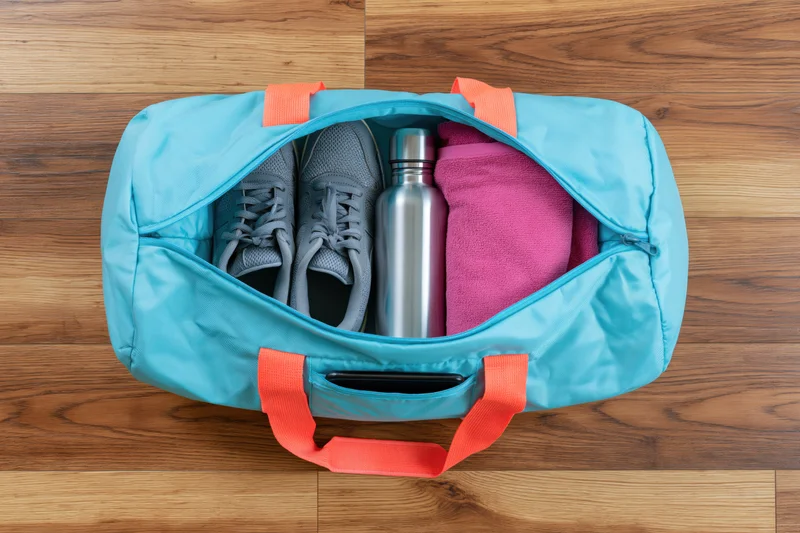 Open aqua-blue gym duffel bag with orange straps containing sneakers, water bottle, towel and phone on wooden floor