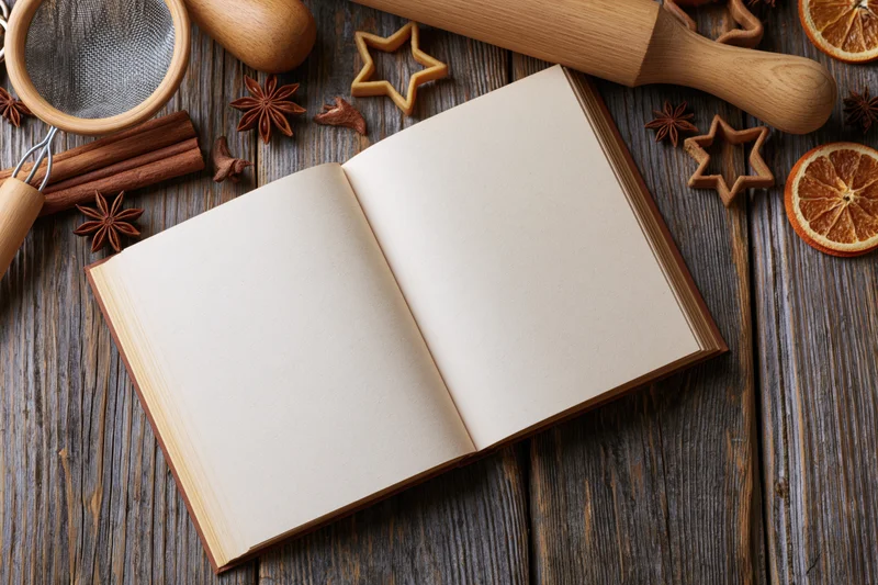 Open blank recipe book on weathered dark wood table surrounded by baking tools and spices