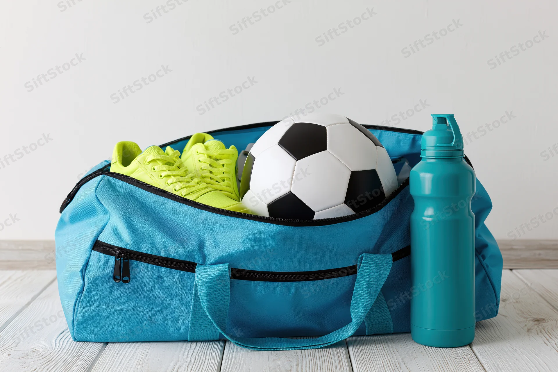 Open cyan sports duffel bag containing soccer ball and lime green cleats with water bottle beside it on wooden floor