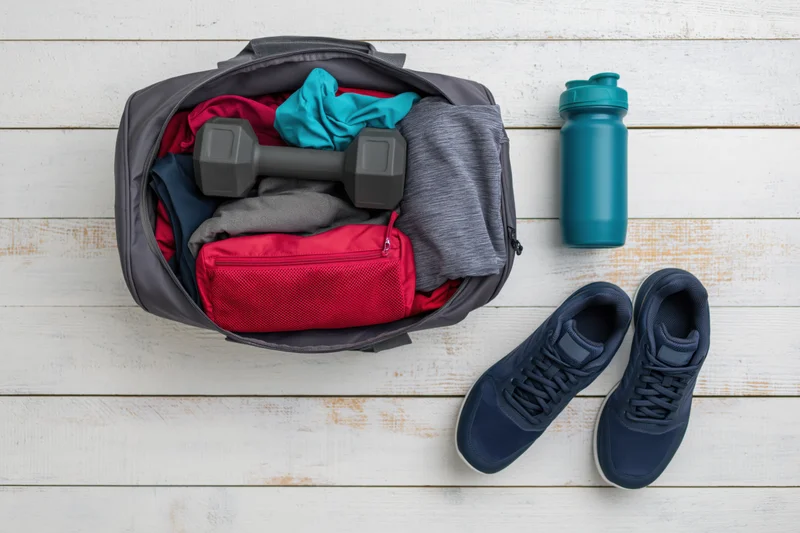 Open gym bag with workout clothes and dumbbell on wooden floor, sneakers and water bottle beside it