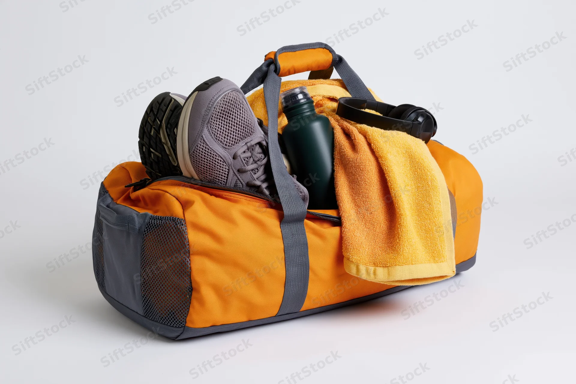 Orange and grey gym duffel bag packed with sneakers, water bottle, towel and headphones on white background