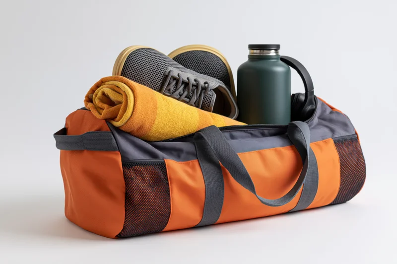 Orange and grey gym duffel bag packed with mesh sneakers, water bottle, and rolled towel on white background
