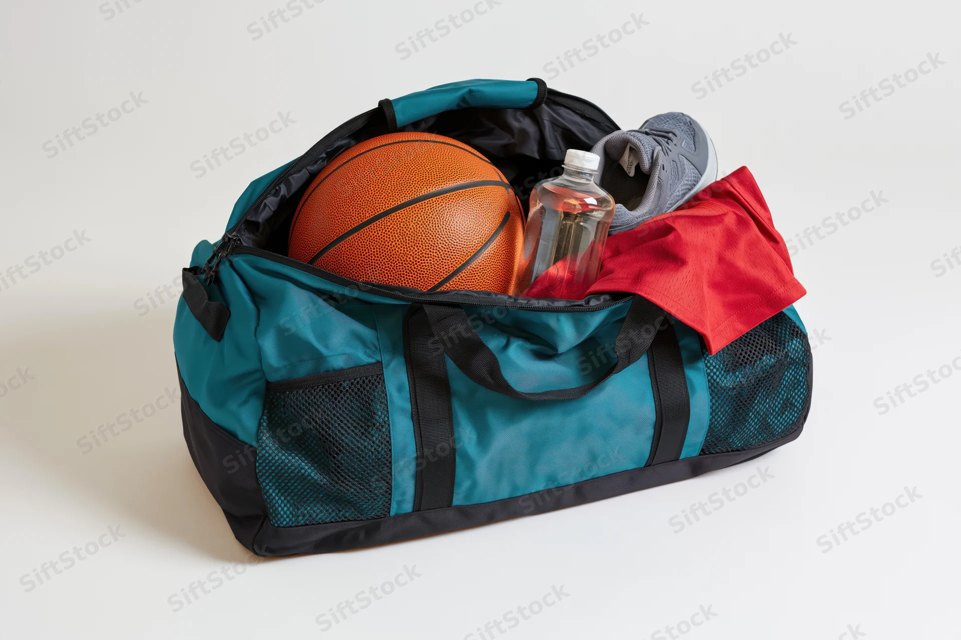 Open teal and black sports duffel bag packed with basketball, water bottle, sneakers and red jersey on white background