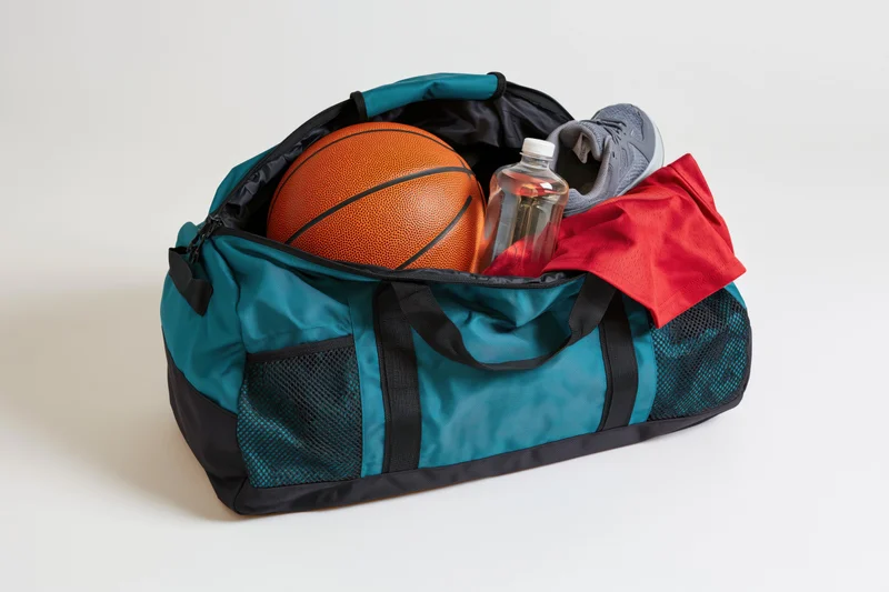 Open teal and black sports duffel bag packed with basketball, water bottle, sneakers and red jersey on white background