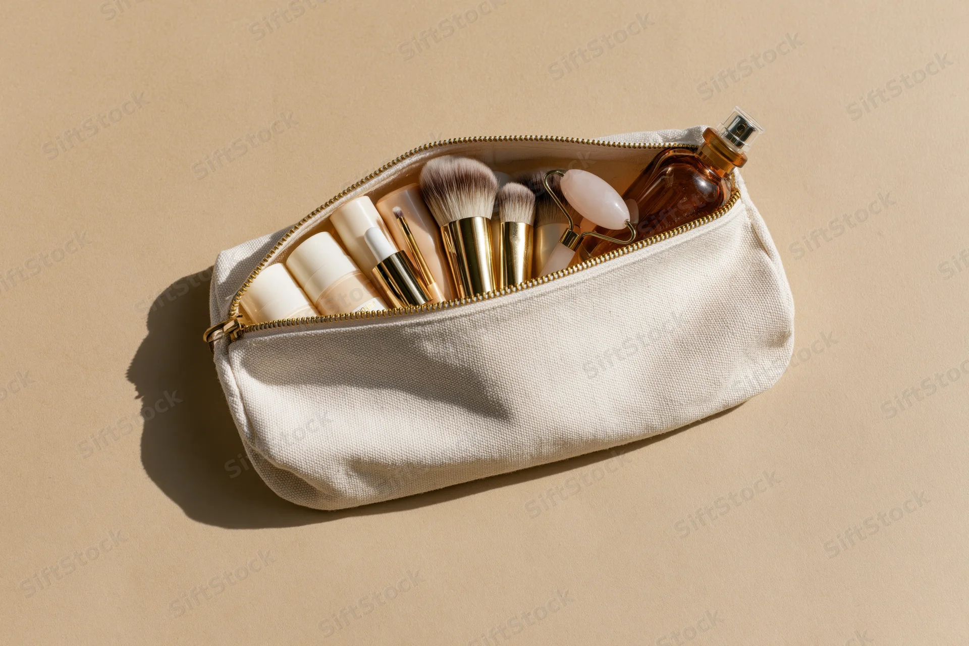 Open white canvas pouch with makeup brushes and bottles on beige surface