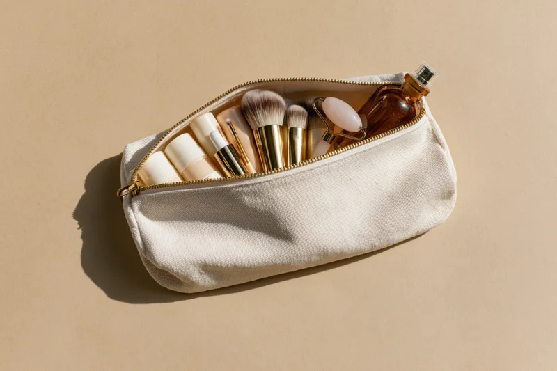 Open white canvas pouch with makeup brushes and bottles on beige surface