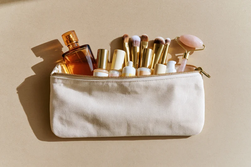 Open white canvas pouch filled with makeup brushes, perfume bottle, skincare tools and cream containers on beige surface