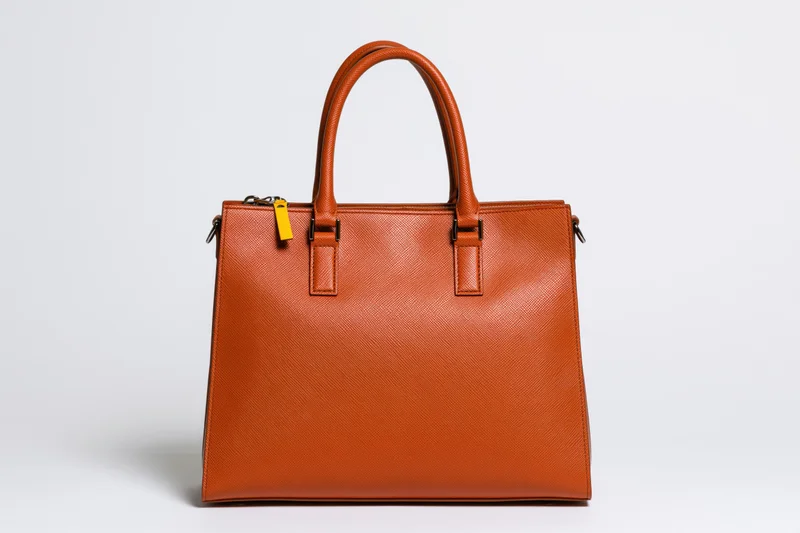 Orange saffiano leather tote bag standing upright centered on white background