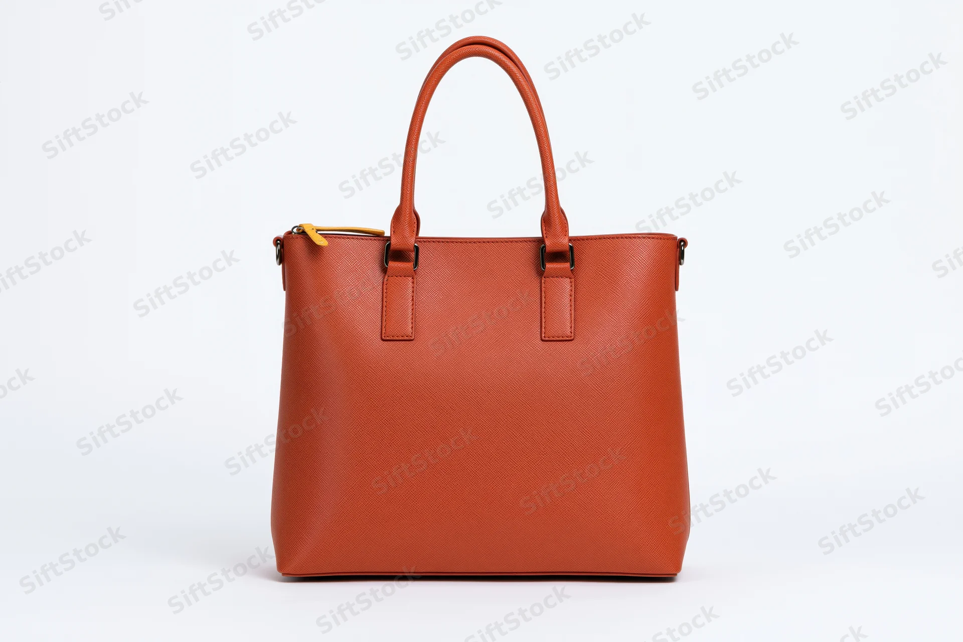 Orange saffiano leather tote bag standing upright centered on white background