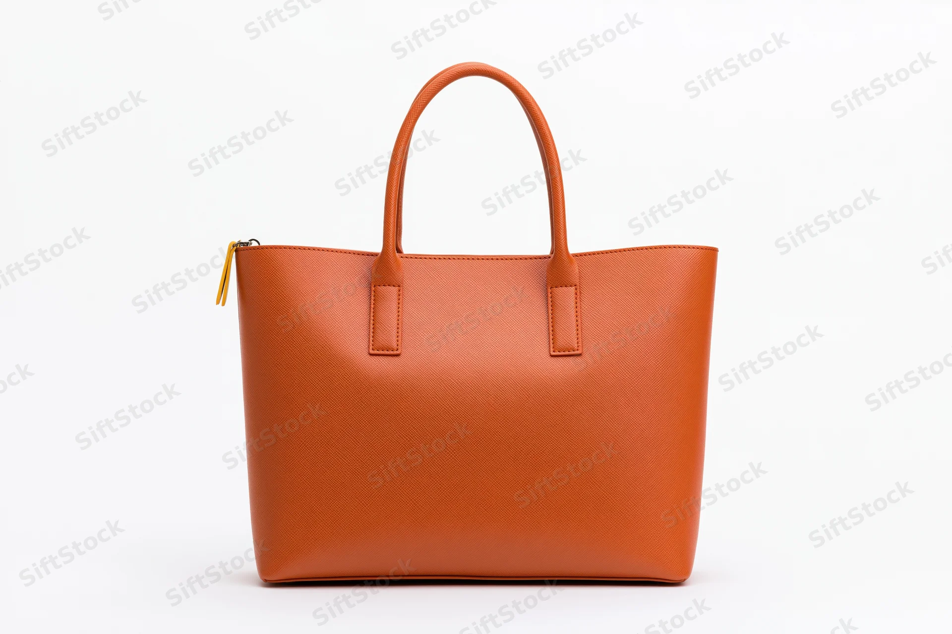 Orange saffiano leather tote bag standing upright centered on white background