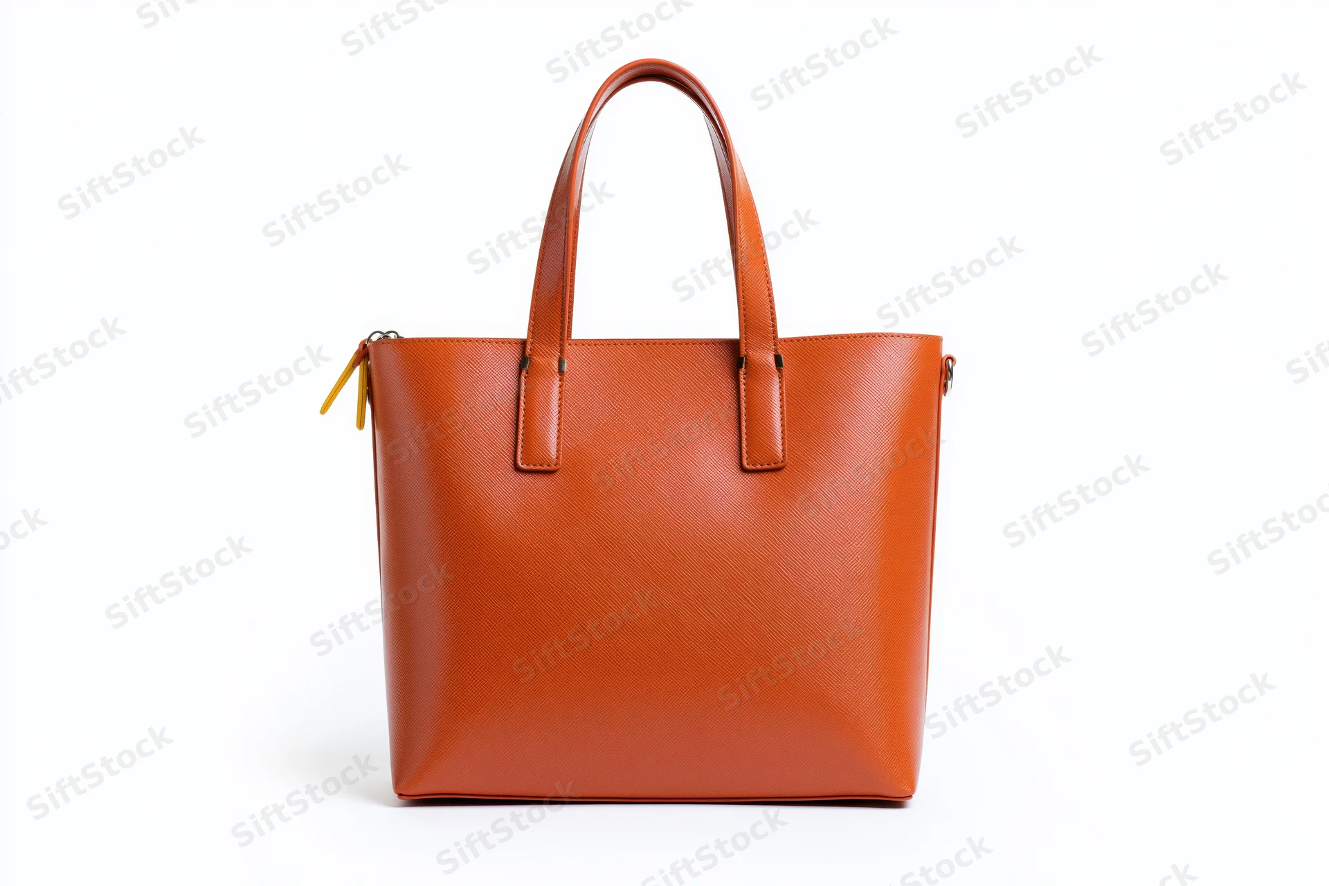 Orange saffiano leather tote bag standing upright centered on white background