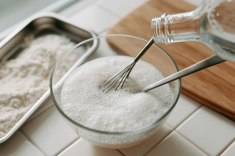 Liquid being poured into a foamy batter in a glass bowl with a whisk on a tiled kitchen counter