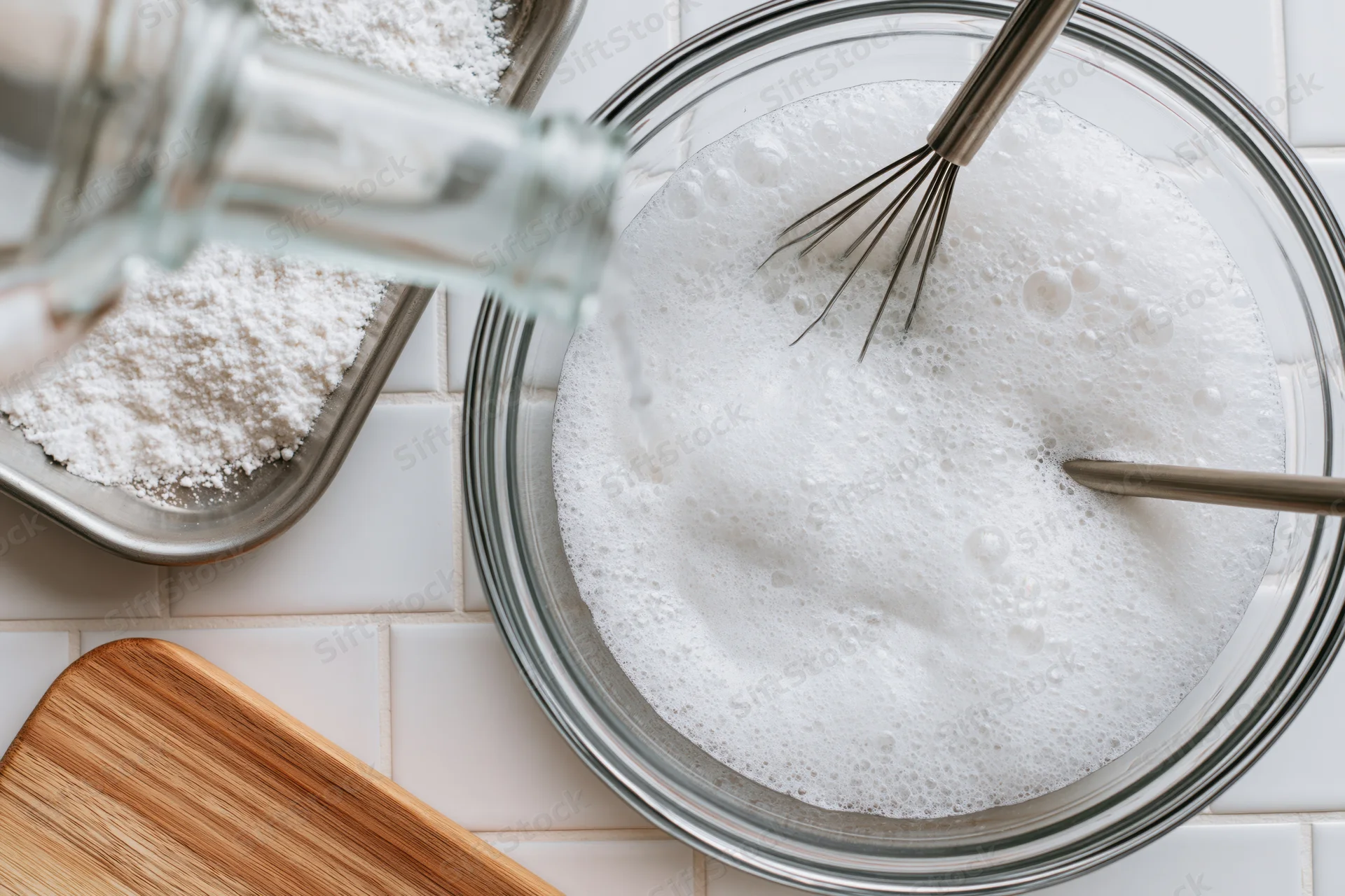 Glass bowl with foamy white mixture being whisked on tiled kitchen counter
