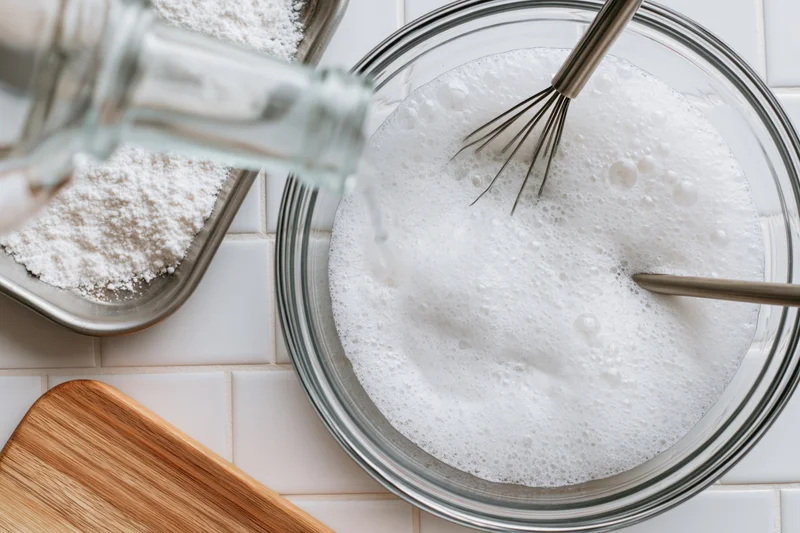 Glass bowl with foamy white mixture being whisked on tiled kitchen counter
