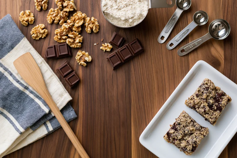 Overhead flat lay of baking ingredients including chocolate, walnuts, flour, and oatmeal bars on a dark walnut wood surface