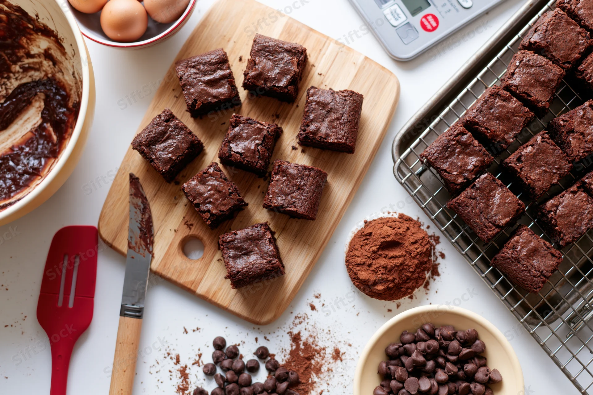 Freshly cut chocolate brownies arranged on a wooden cutting board with baking ingredients and tools around on a white countertop