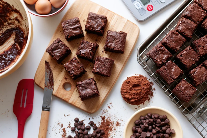 Freshly cut chocolate brownies arranged on a wooden cutting board with baking ingredients and tools around on a white countertop