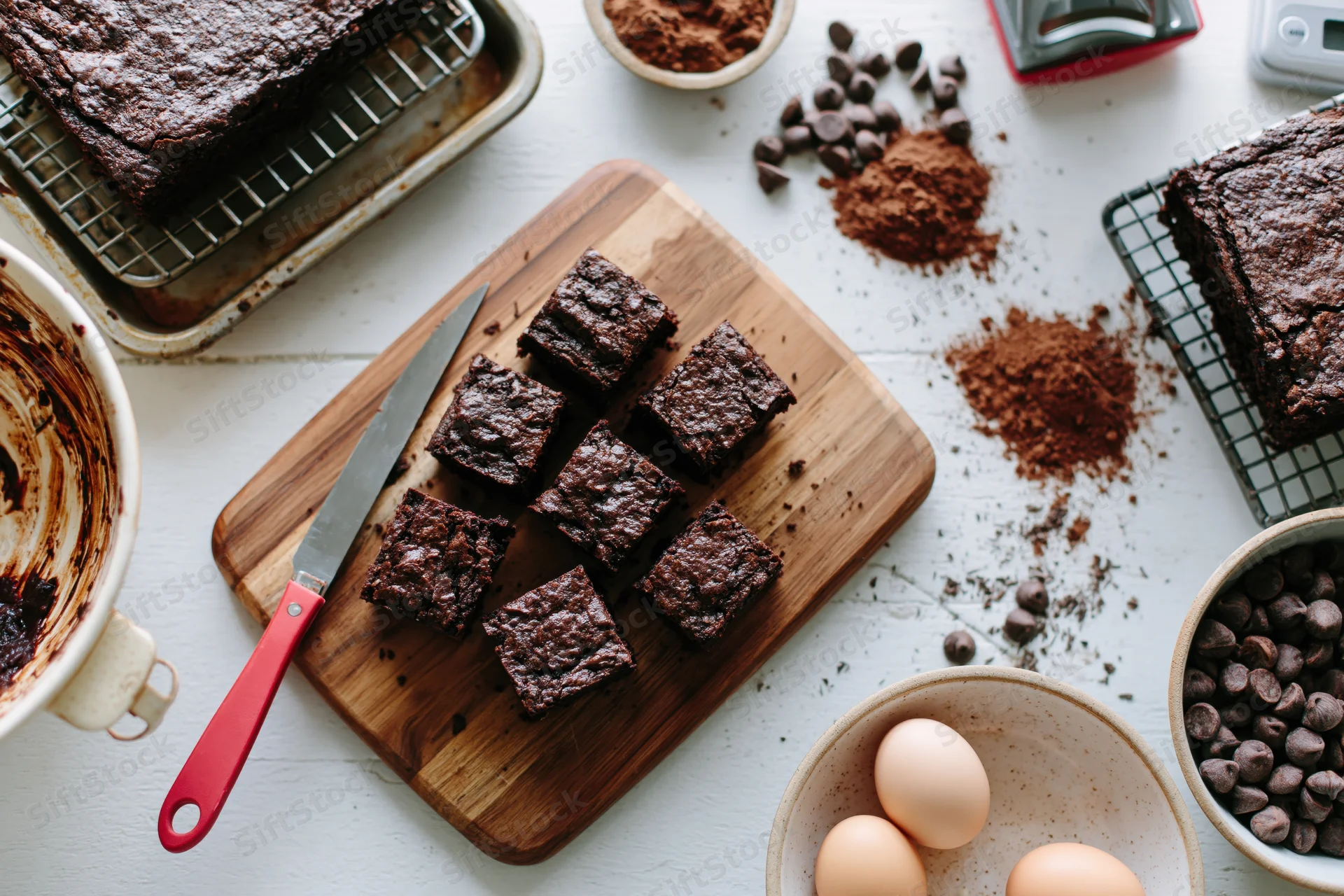 Freshly cut chocolate brownies arranged on a wooden cutting board with baking ingredients around on a white countertop