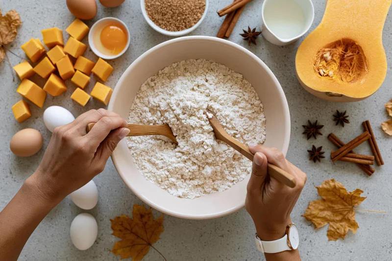 Hands mixing flour in a bowl surrounded by baking ingredients on a countertop