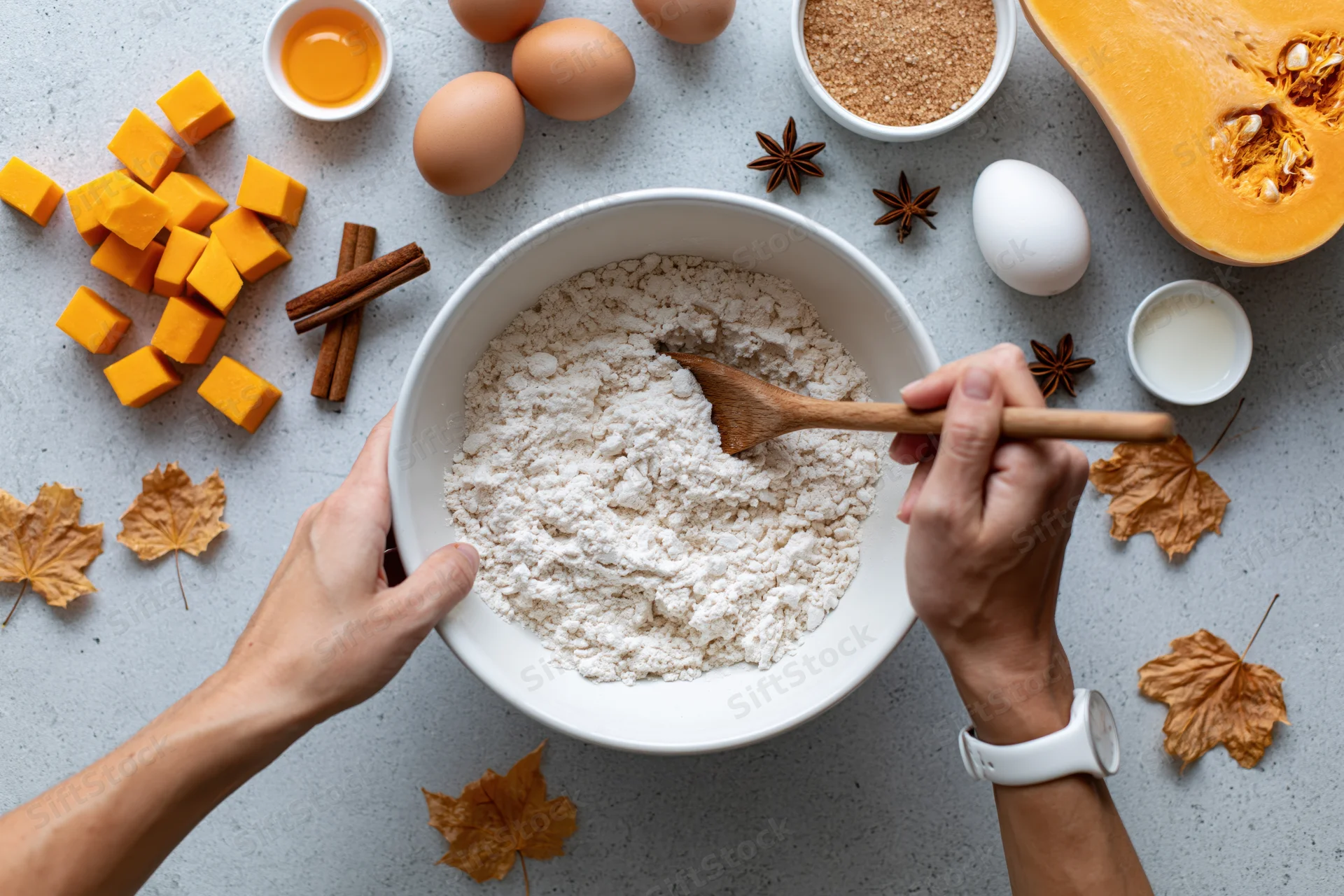 Hands stirring flour in a white bowl surrounded by pumpkin, eggs, cinnamon, and autumn leaves on a countertop