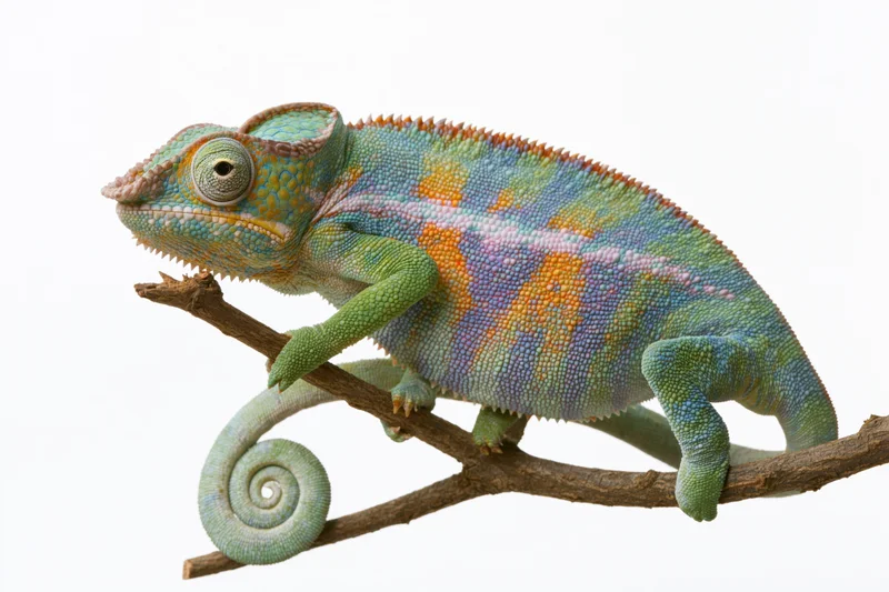 Panther chameleon perched sideways on a bare forked branch against white background