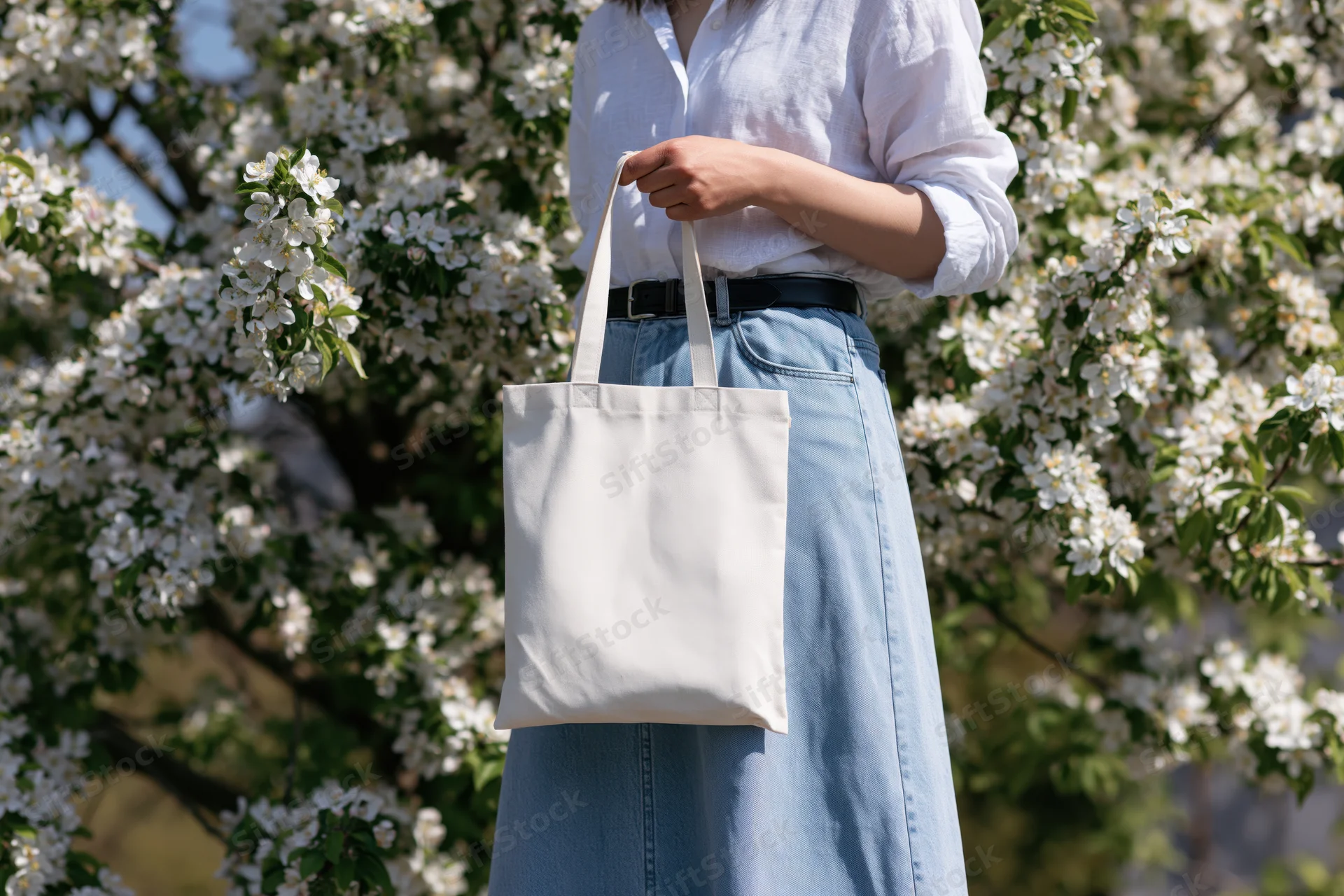 Woman holding plain white canvas tote bag beside blooming cherry tree in spring garden