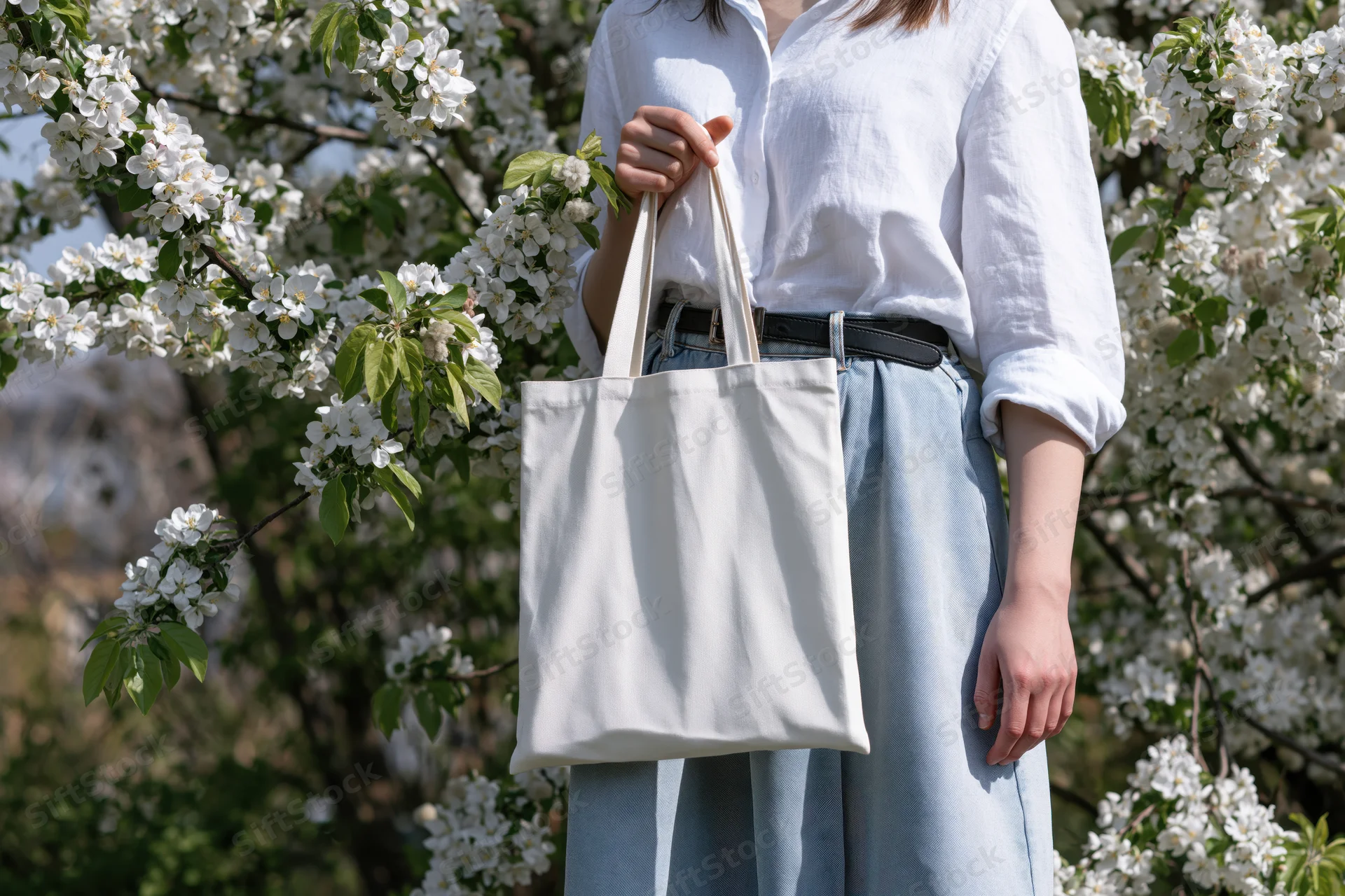 Woman holding a plain white canvas tote bag outdoors among white blossoms in spring