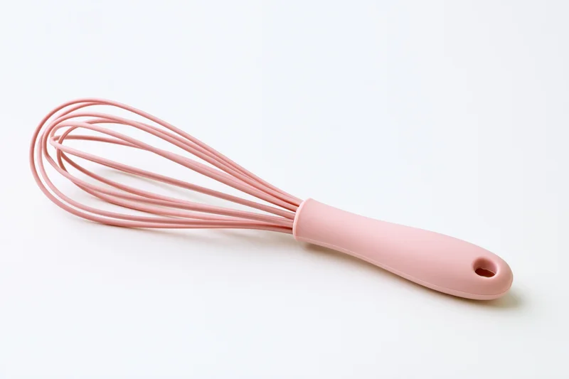 Pink silicone whisk lying diagonally on white surface