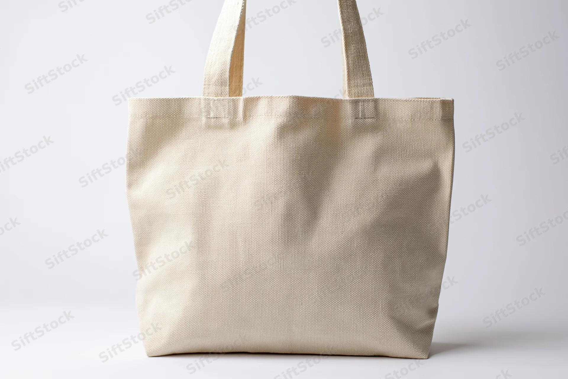 Plain natural canvas tote bag with two handles on white background