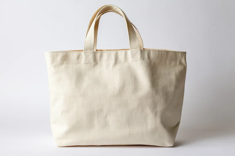Plain natural canvas tote bag with two handles on white background