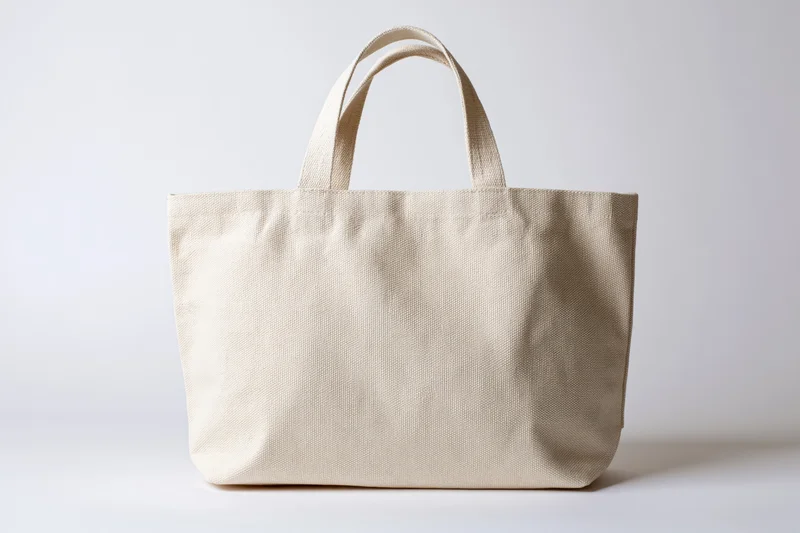 Plain natural canvas tote bag with two handles on white background