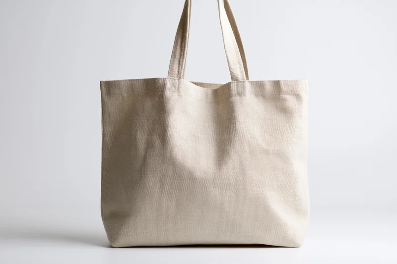 Plain natural canvas tote bag with two handles on white background