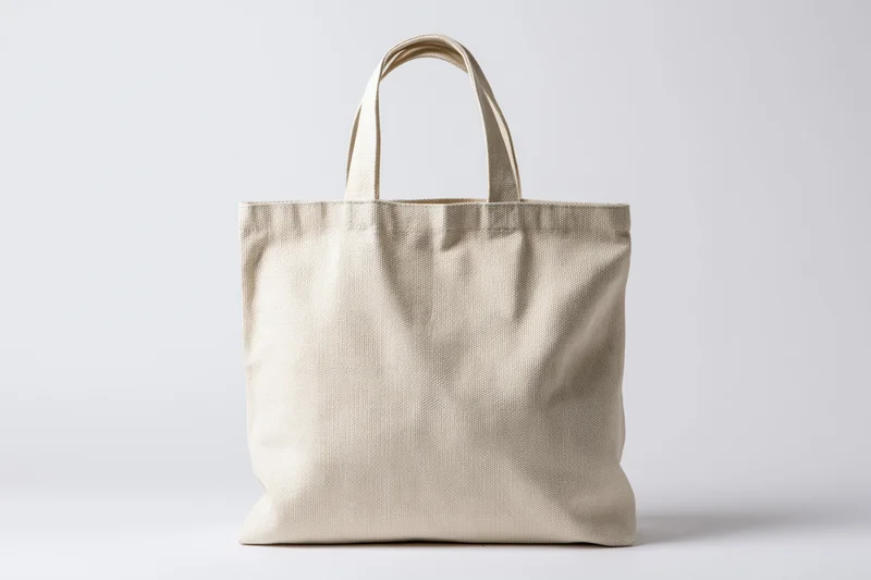 Plain natural canvas tote bag with two handles on white background