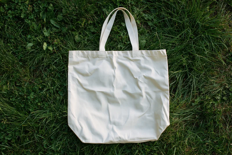 Off-white canvas tote bag lying flat on thick green grass