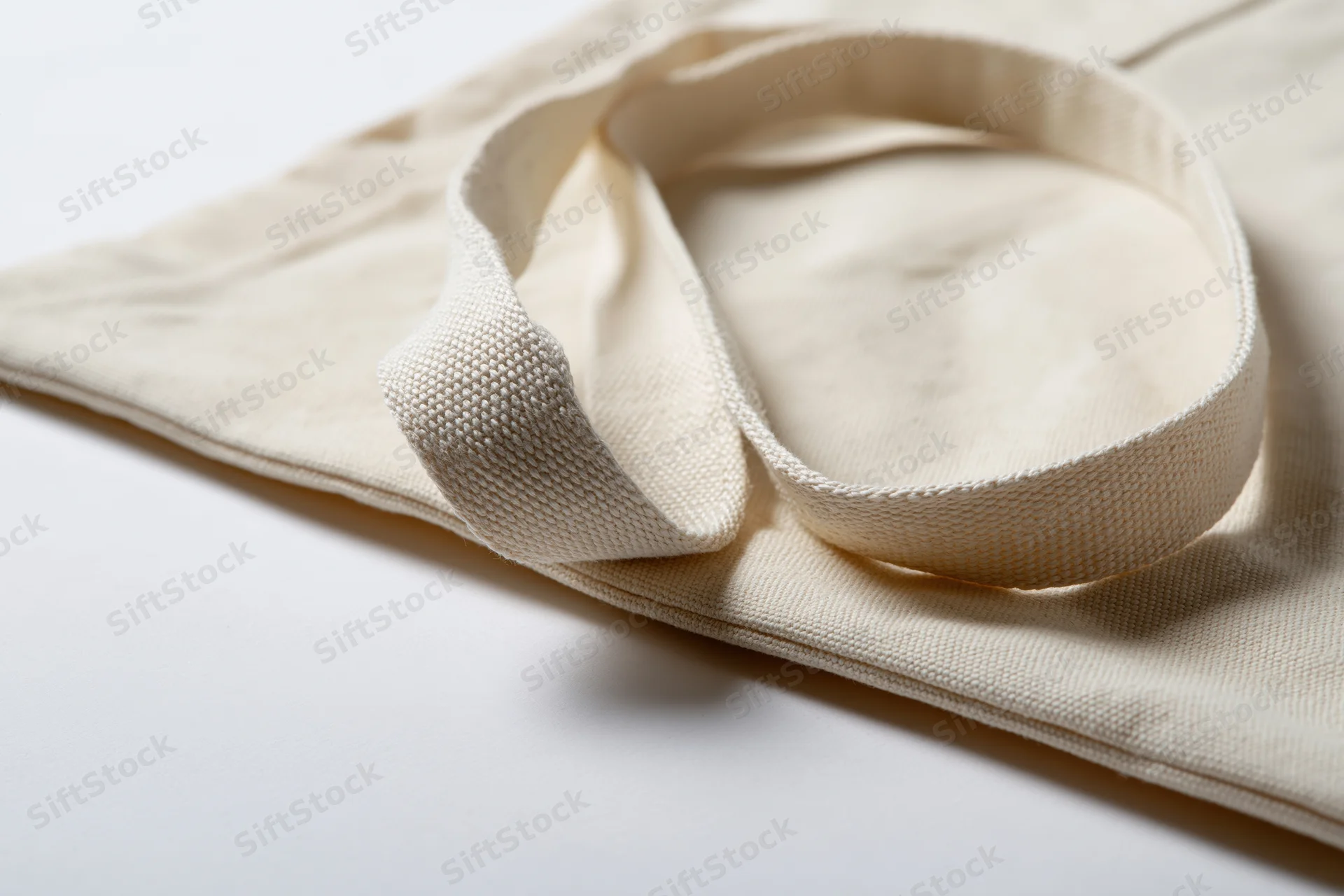 Plain unbleached cotton canvas tote bag lying flat on white surface