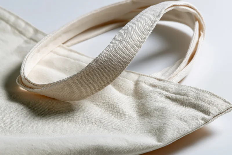 Plain unbleached cotton canvas tote bag lying flat on white surface with handles looped