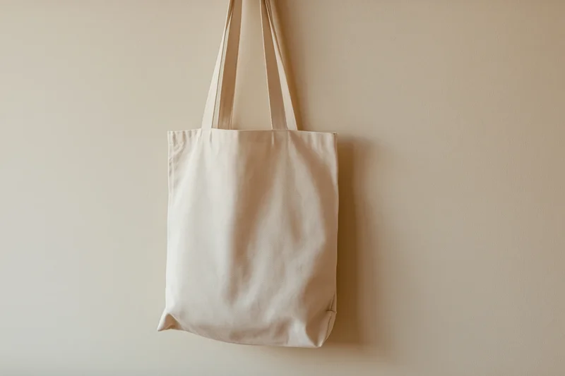 Plain white canvas tote bag hanging by its handles against a beige wall
