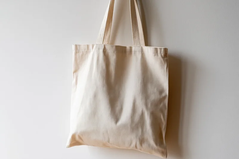 Plain white canvas tote bag hanging by its handles against a white wall