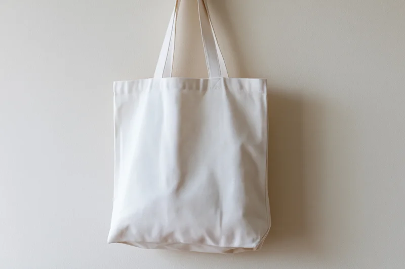 White canvas tote bag hanging by handles against a plain wall